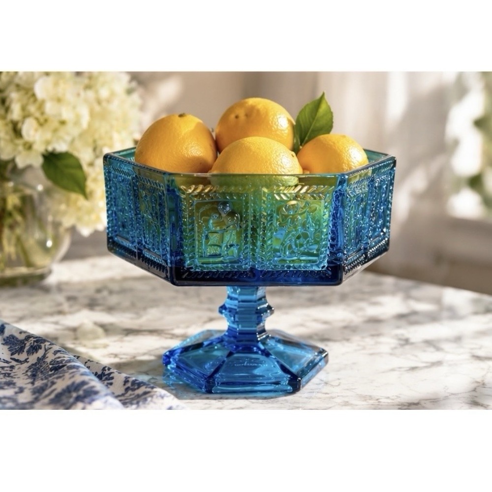 Vintage IMPERIAL Springerle #618 Blue Pedestal Candy Dish 6 Sided Cottagecore